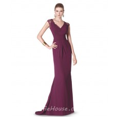 Mermaid V Neck Long Burgundy Chiffon Lace Special Occasion Evening Dress 