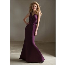 Mermaid V Neck Long Grape Purple Satin Wedding Party Bridesmaid Dress With Sash