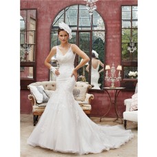 Mermaid V Neck Sheer Straps Tulle Lace Wedding Dress With Chapel Train 