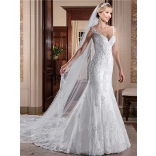 Mermaid V Neck Sleeveless Tulle Lace Wedding Dress With Crystal Buttons