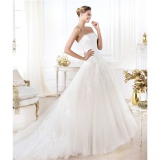 Modern Princess A Line Strapless Beaded Sequin Lace Tulle Wedding Dress