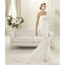 Modern Slim Mermaid Strapless Feather Lace Wedding Dress With Crystals