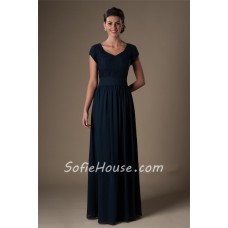 Modest A Line Cap Sleeve Long Navy Blue Lace Chiffon Evening Prom Dress