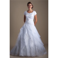 Modest A Line Cap Sleeve Organza Ruffle Lace Beaded Corset Wedding Dress