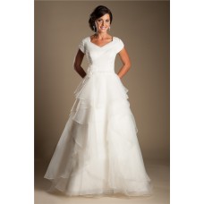 Modest A Line Cap Sleeve Organza Ruffle Layered Wedding Dress With Flower