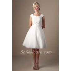 Modest A Line Cap Sleeve Short White Lace Party Prom Dress Corset Back