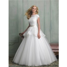 Modest A Line High Neck Cap Sleeve Lace Tulle Peplum Wedding Dress With Crystal Belt