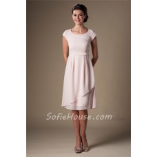 Modest A Line Scoop Neck Sleeved Blush Pink Chiffon Short Party Bridesmaid Dress