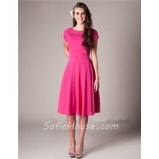 Modest A Line Short Sleeve Hot Pink Chiffon Lace Wedding Party Bridesmaid Dress