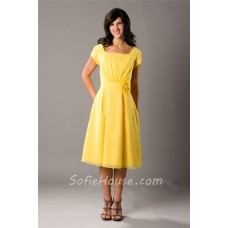 Modest A Line Short Sleeve Yellow Chiffon Party Bridesmaid Dress With Flower Sash
