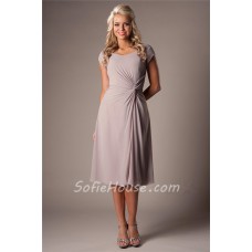 Modest A Line Sweetheart Grey Chiffon Ruched Short Bridesmaid Dress With Sleeves