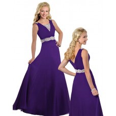 Modest A Line V Neck Long Purple Chiffon Beaded Teen Prom Dress
