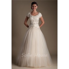 Modest Ball Gown Champagne Colored Tulle Satin Beaded Wedding Dress With Sleeves