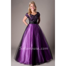 Modest Ball Gown Purple Satin Black Tulle Lace Prom Dress With Sleeves