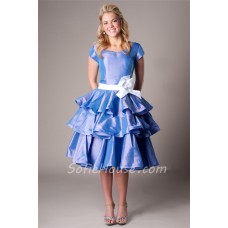 Modest Ball Sweetheart Cap Sleeve Periwinkle Taffeta Ruffle Party Prom Dress With Sash