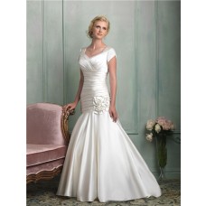 Modest Mermaid Cap Sleeve Corset Back Ruched Satin Wedding Dress With Rosette