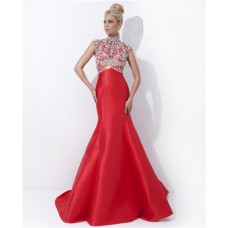 Modest Mermaid High Neck Cap Sleeve Long Red Satin Beaded Evening Prom Dress