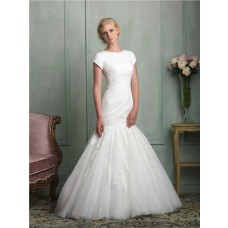 Modest Mermaid Scoop Neck Cap Sleeve Tulle Lace Wedding Dress With Buttons