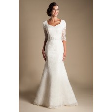 Modest Mermaid Short Sleeve Lace Wedding Dress With Buttons