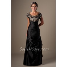 Modest Mermaid Square Neck Cap Sleeve Black Taffeta Lace Prom Dress