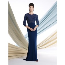 Modest Sheath Navy Blue Chiffon Beaded Sleeves Mother Of The Bride Evening Dress
