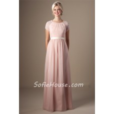 Modest Sheath Scoop Neck Short Sleeve Blush Pink Chiffon Prom Dress With Sash