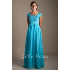 Modest Sheath Square Neck Cap Sleeve Long Turquoise Chiffon Corset Prom Dress