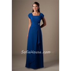 Modest Sheath Square Neck Cap Sleeve Royal Blue Chiffon Long Bridesmaid Dress