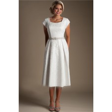 Modest Sheath Square Neck Cap Sleeve Tea Length Lace Beach Garden Wedding Dress