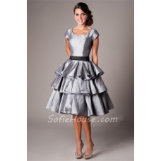 Modest Sweetheart Cap Sleeve Short Silver Taffeta Ruffle Tiered Party Prom Dress With Sash