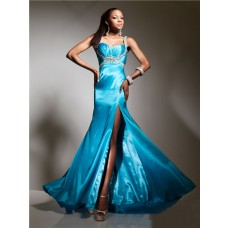 New Sweetheart Long Blue Silk Evening Prom Dress With Beading Straps Split
