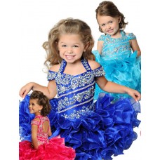 Off The Shoulder Cut Out Royal Blue Organza Ruffle Beaded Tutu Girl Pageant Dress