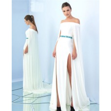 Off The Shoulder Side Slit White Jersey Beaded Belt Prom Dress With Cape