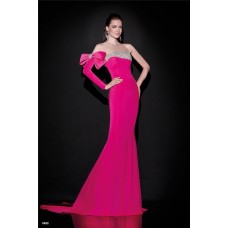 One Shoulder Sleeved Fuchsia Satin Beaded Occasion Evening Dress With Bow