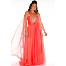 Pretty A Line Sweetheart Long Coral Chiffon Beaded Plus Size Party Prom Dress With Shawl