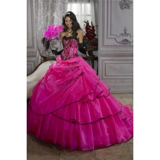 Pretty Ball Gown Fuchsia Organza Quinceanera Dress With Embroidered Beading