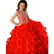 Pretty Halter Red Orange Organza Ruffle Crystal Beaded Girls Pageant Party Prom Dress 