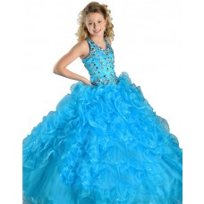 Pretty Halter Turquoise Blue Organza Ruffle Crystal Beaded Girls Pageant Party Prom Dress 