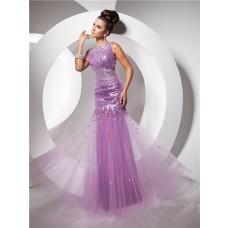 Pretty Sheath Backless Long Purple Lilac Sequined Tulle Prom Dress With Beaded Rhinestones