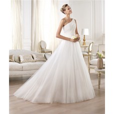 Princess A Line Asymmetrical One Shoulder Draped Tulle Wedding Dress With Buttons