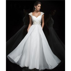 Princess A Line Cap Sleeve Sweetheart Long White Chiffon Beading Evening Prom Dress