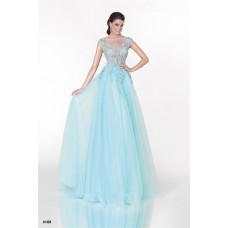 Princess A Line Illusion Neckline Cap Sleeve Light Blue Tulle Prom Dress