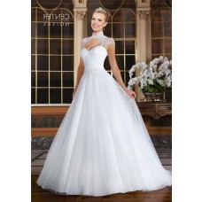 Princess A Line Open Front Cap Sleeve Tulle Beaded Wedding Dress With Collar