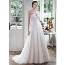 Princess A Line Strapless Draped Tulle Applique Wedding Dress With Buttons