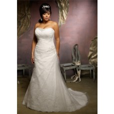 Princess A Line Strapless Lace Tulle Ruched Plus Size Wedding Dress Lace Up Back