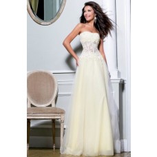 Princess A Line Strapless Long Ivory Tulle Lace Beaded Sheer Corset Prom Dress