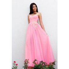 Princess A Line Strapless Sweetheart Long Pink Lace Tulle Wedding Prom Dress 