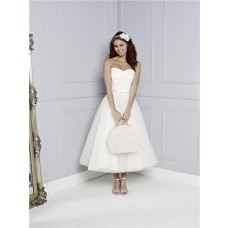 Princess A Line Strapless Sweetheart Tea Length Lace Tulle Beach Wedding Dress Sash