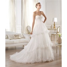 Princess A Line Sweetheart Feather Neckline Layered Tulle Wedding Dress With Flowers