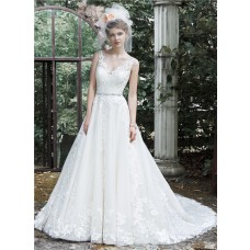 Princess A Line V Neck Open Back Tulle Lace Wedding Dress With Crystals Belt
